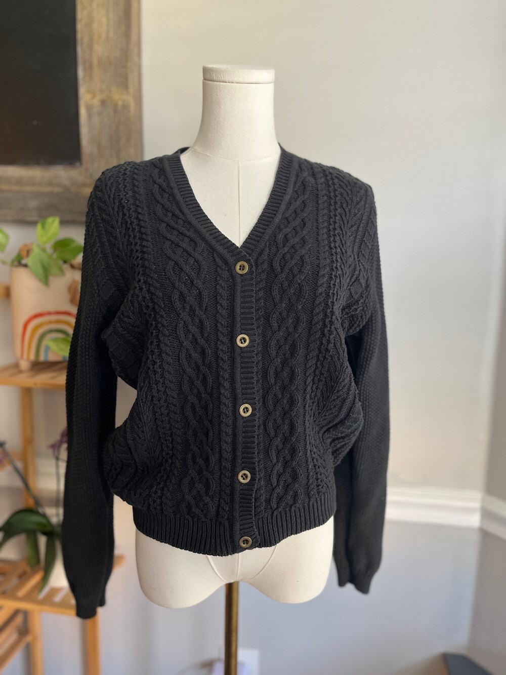 Vintage 90s Black Cableknit Cardigan Sweater Cotton Knit Size Medium